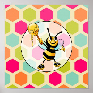 Póster Fundo Hexágono com Abelha Mel