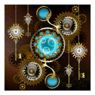 Póster Fundo Rusty Steampunk com Lentes Turquesa