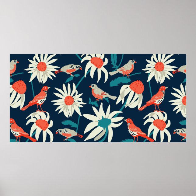 Poster Fundo sem costura com flores e aves (Frente)