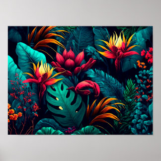 Poster Fundo tropical com flores e folhas exóticas