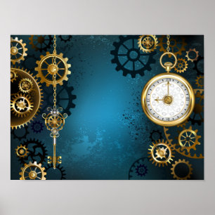 Poster Fundo turquesa estilo Steampunk com Engrenagens