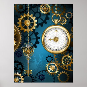 Poster Fundo turquesa estilo Steampunk com Engrenagens