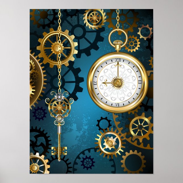Poster Fundo turquesa estilo Steampunk com Engrenagens (Frente)