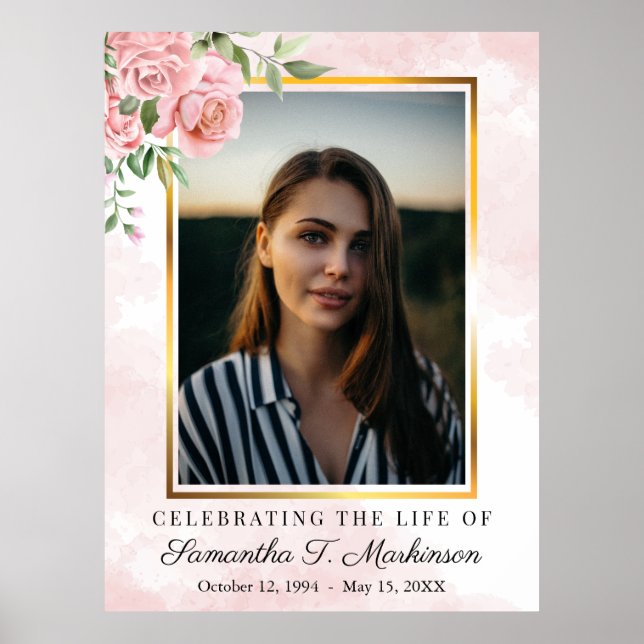 Poster Funeral de cor d'água com Rosa Floral Rosa (Frente)