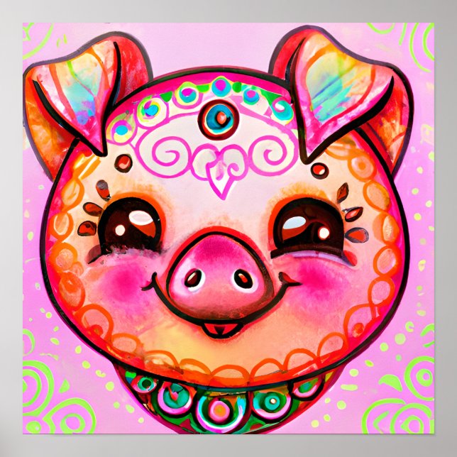 Poster Funky Boho Pig Fazenda Retrato Animal (Frente)