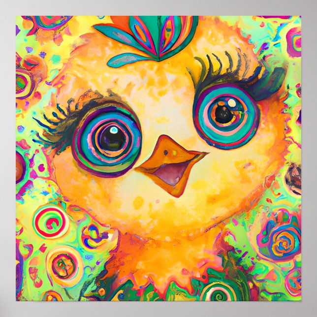 Poster Funky Happy Baby Chicken Fazenda Arte Animal (Frente)