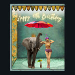 Poster Funky Vintage Party aniversário de 40 anos<br><div class="desc">Aniversário de 40 anos vignette de arte alterada divertida e divertida apresenta uma vintage party girl em maiô e um elefante de carregando parasol com texto neon</div>