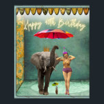 Poster Funky Vintage Party aniversário de 40 anos<br><div class="desc">Aniversário de 40 anos vignette de arte alterada divertida e divertida apresenta uma vintage party girl em maiô e um elefante de carregando parasol com texto neon</div>