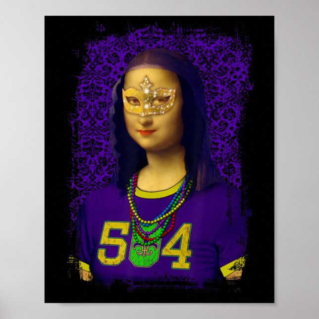 Poster Funny 504 Nova Orleans Mardi Gras Mona Lisa Mashup (Frente)