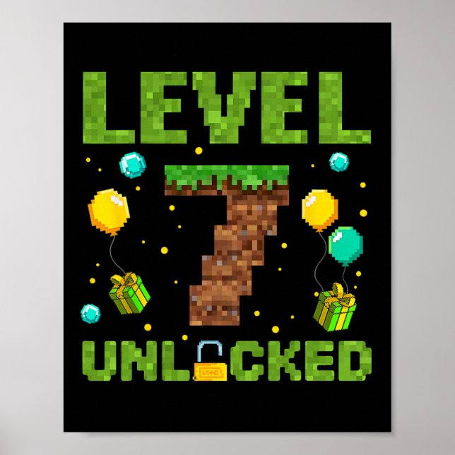 Poster Funny 7th Birthday Boy Gamer Level 7 Unlocked Pixe (Frente)