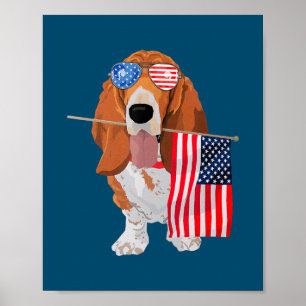 Poster Funny Basset Hound American Flag Dog 4 De Julho