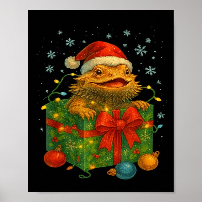 Poster Funny Bearded Dragons Santa Christmas Tree Lights  (Frente)