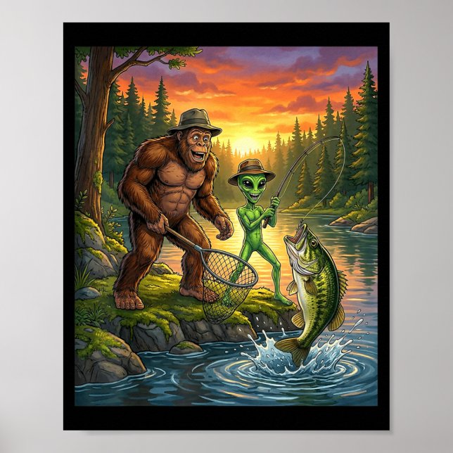 Poster Funny Bigfoot Fishing Mens Alien Sasquatch Fishing (Frente)