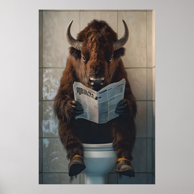 Poster Funny Bison Bathroom Print, Toilet Newspaper Art (Frente)