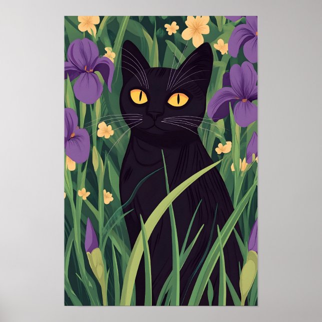Poster Funny Black cat and Beautiful Flower  (Frente)