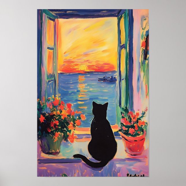 Poster Funny Black cat enjoying the sunset  (Frente)