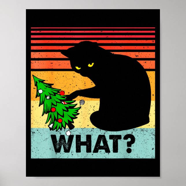 Poster Funny Black Cat Gift Pushing Christmas Tree Over C (Frente)