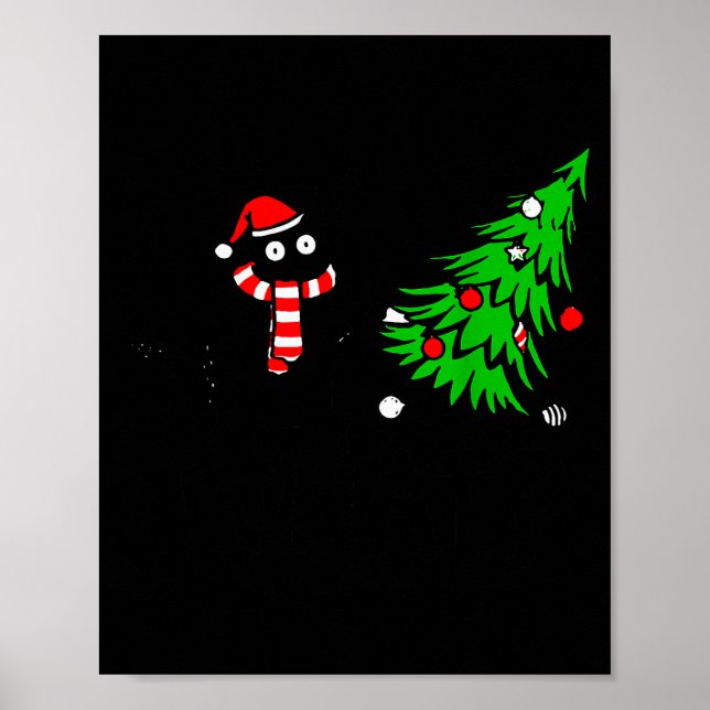 Poster Funny Black Cat Gift Pushing Christmas Tree Over C (Frente)