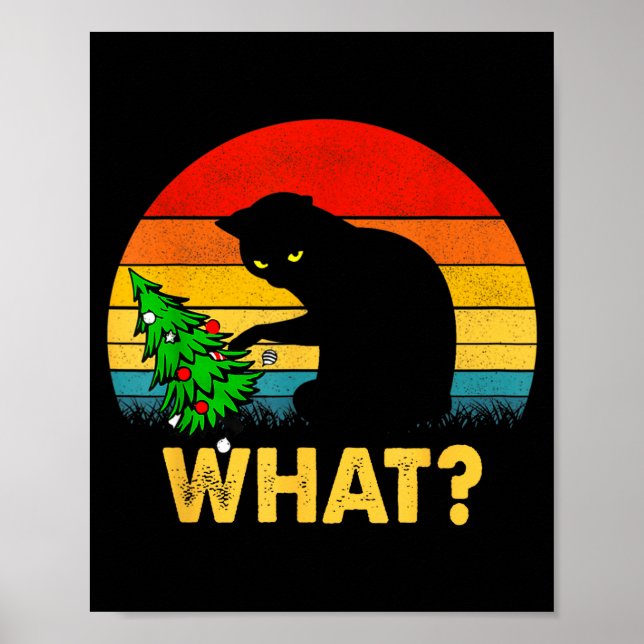 Poster Funny Black Cat Gift Pushing Christmas Tree Over C (Frente)