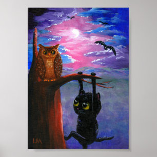 Póster Funny Black Cat Owl Cai Fall Moon Criacionaristas