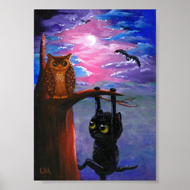 Póster Funny Black Cat Owl Fall Moon Creationarts (Frente)