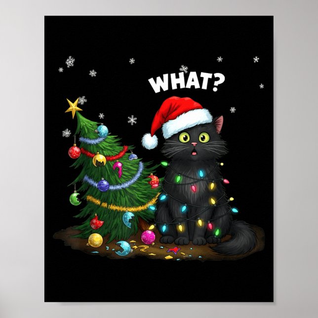 Poster Funny Black Cat Pushing Christmas Tree  (Frente)