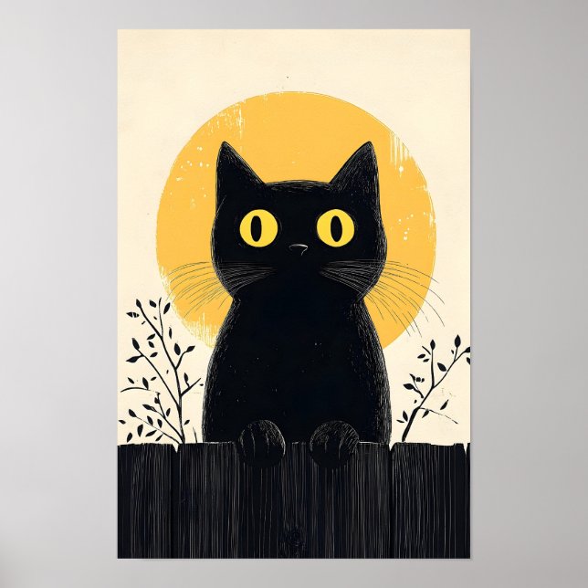 Poster Funny Black cat with Full Moon (Frente)