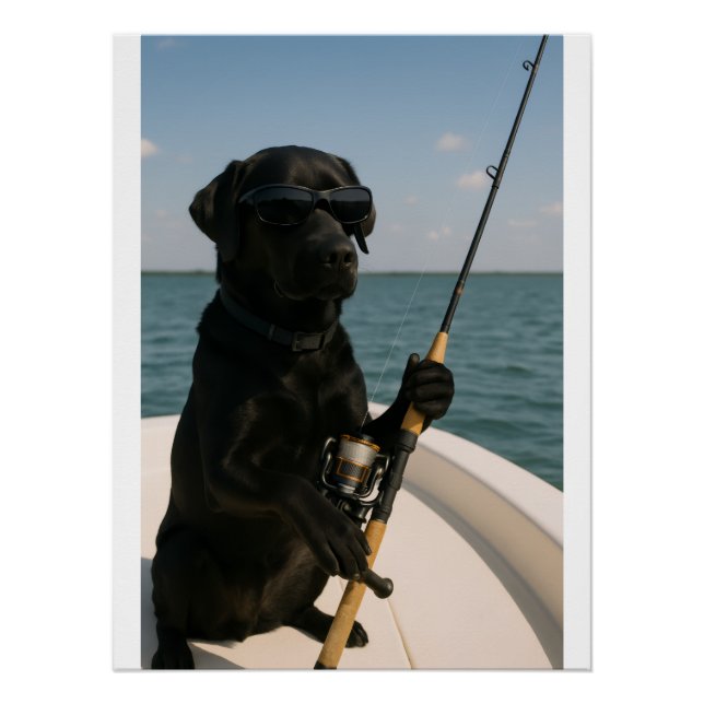 Póster Funny Black Labrador Dog Fishing  (Frente)