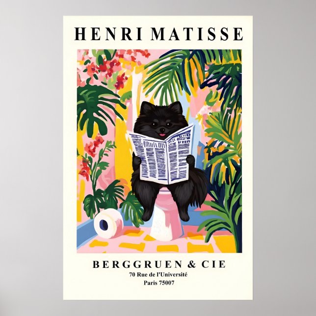 Poster Funny Black Pomeranian Print - Dog on toilet (Frente)