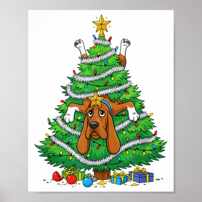 Poster Funny Bloodhound Dog Christmas Tree Lights Kids Me (Frente)