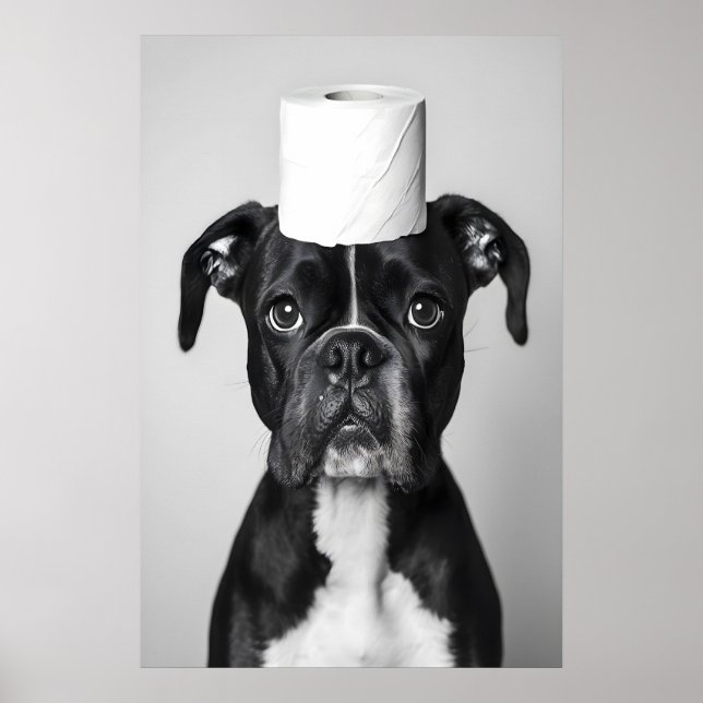 Poster Funny Boxer Dog Bathroom Print, Toilet Paper Roll (Frente)