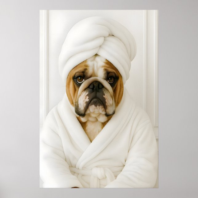 Poster Funny Bulldog Bathroom Print, Bulldog In Bathrobe (Frente)