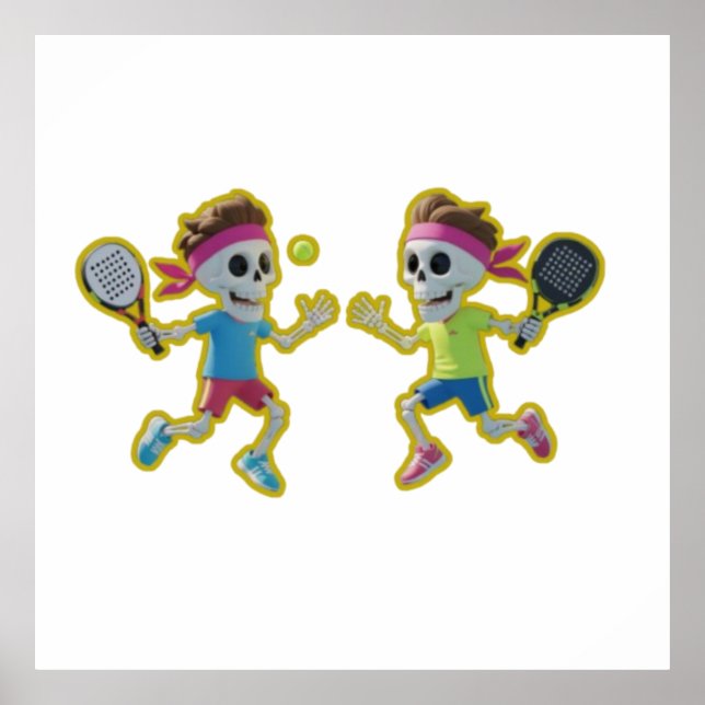 Poster Funny Cartoon Skeletons Playing Padel Tennis – 3D  (Frente)