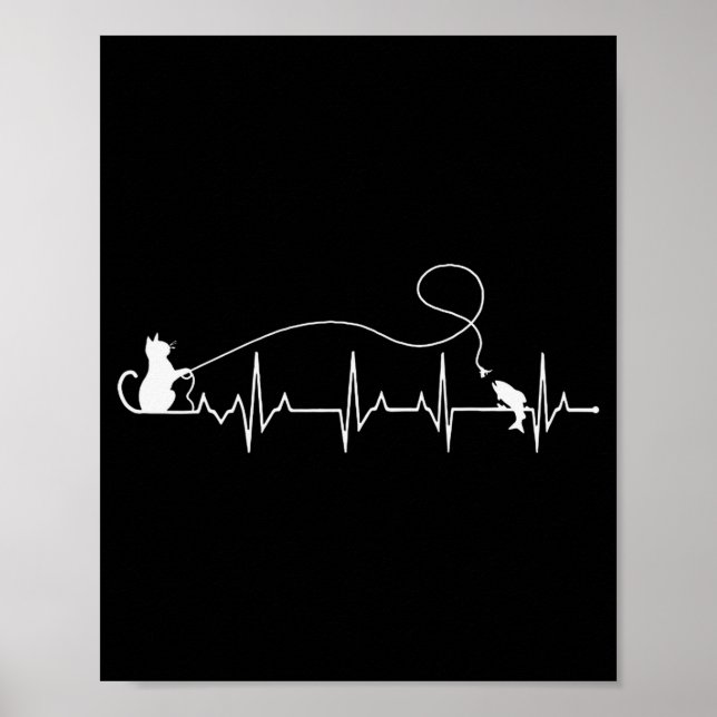 Poster Funny Cat Fly Fishing Fisherman Heartbeat Line Hea (Frente)