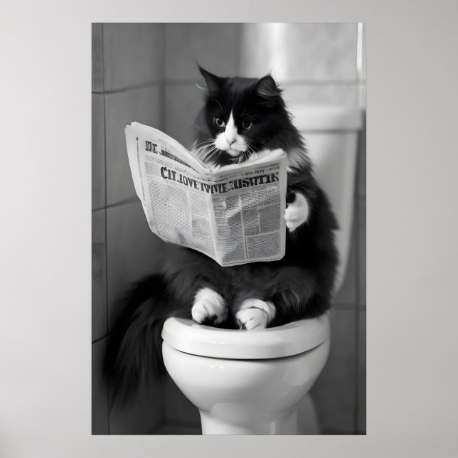 Poster Funny Cat Newspaper Print, Whimsical Bathroom Wall (Frente)