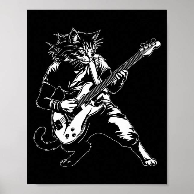 Poster Funny Cat Playing B Guitar Rock Music Lover Musici (Frente)