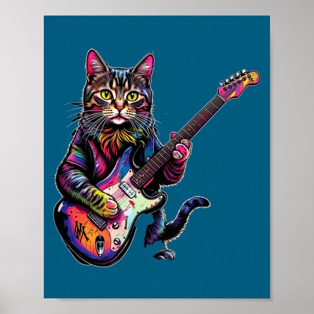 Poster Funny Cat Playing Guitar Rock And Roll Men Women K (Frente)