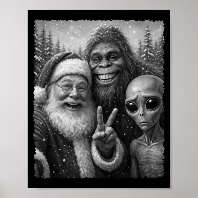 Poster Funny Cat Santa Bigfoot Alien Christmas Selfie Tee (Frente)