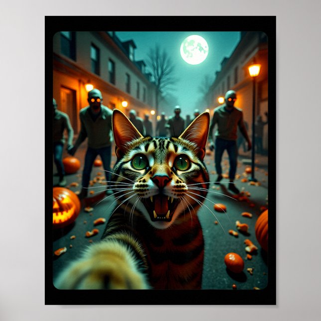 Poster Funny Cat Selfie Halloween Zombies Humor  (Frente)