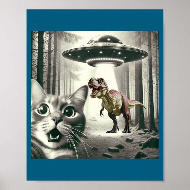 Poster Funny Cat Selfie With Alien Ufo And T-rex Dinosaur (Frente)