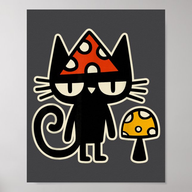 Poster Funny Cat With Mushroom Hat Black Cat With Toadsto (Frente)