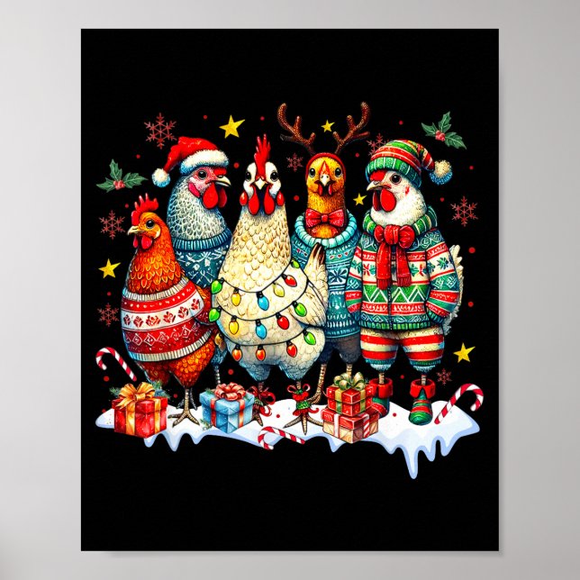 Poster Funny Chicken Christmas Lights Farm Animal Cute Xm (Frente)