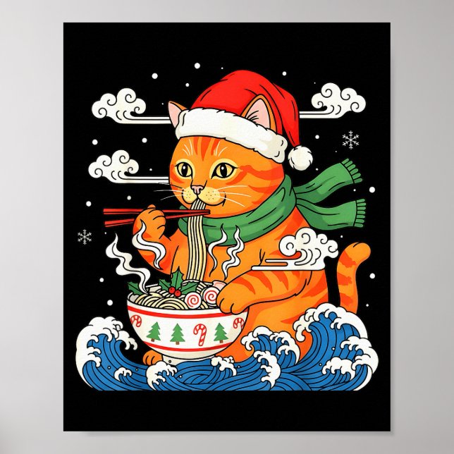 Poster Funny Christmas Ramen Cat Eating Noodles Japanese  (Frente)