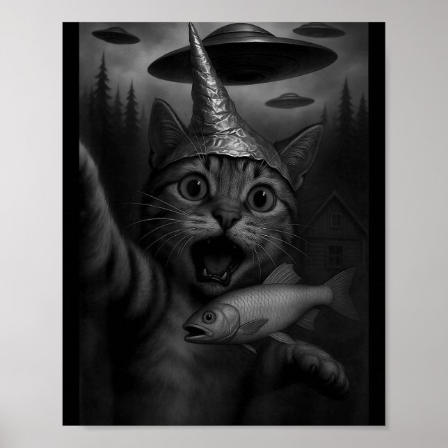Poster Funny Consracy Cat In Tin Foil Hat Panics At Alien (Frente)