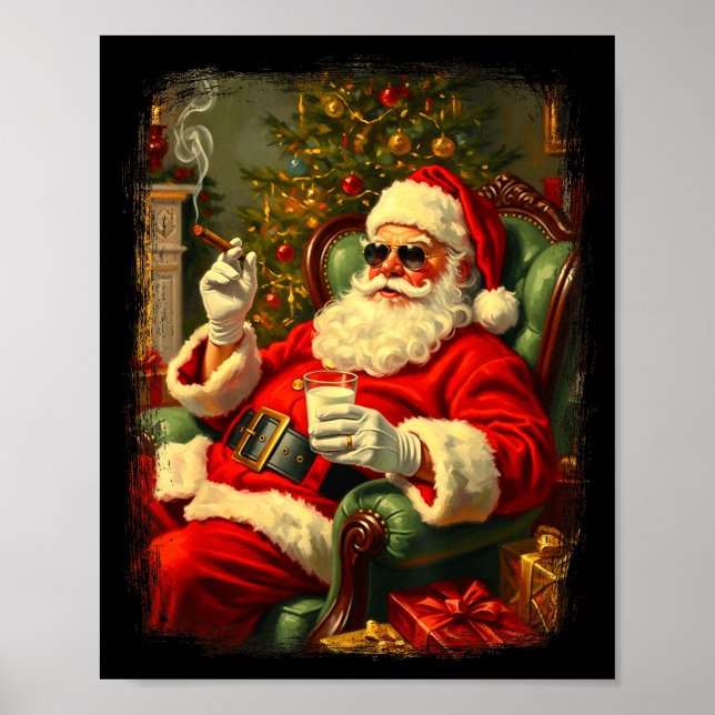 Poster Funny Cool Sungles Cigar And Milk Santa Christmas  (Frente)