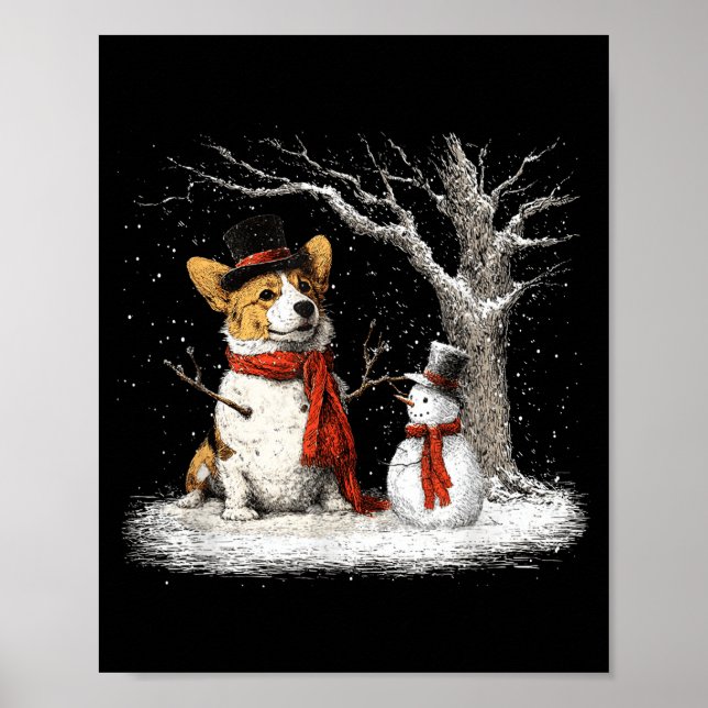 Poster Funny Corgi Dog In The Snow Tree Christmas Winter  (Frente)