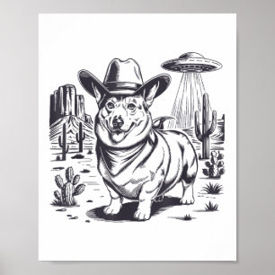 Poster Funny Corgi Ufo Western Cowboy Vintage 90 e 80