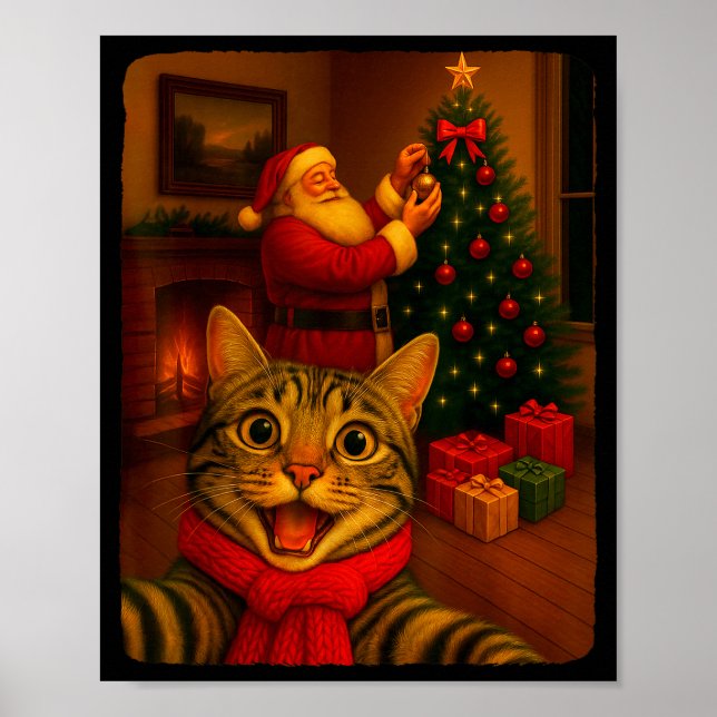 Poster Funny Cute Cat Selfie With Santa Christmas Xmas Wo (Frente)