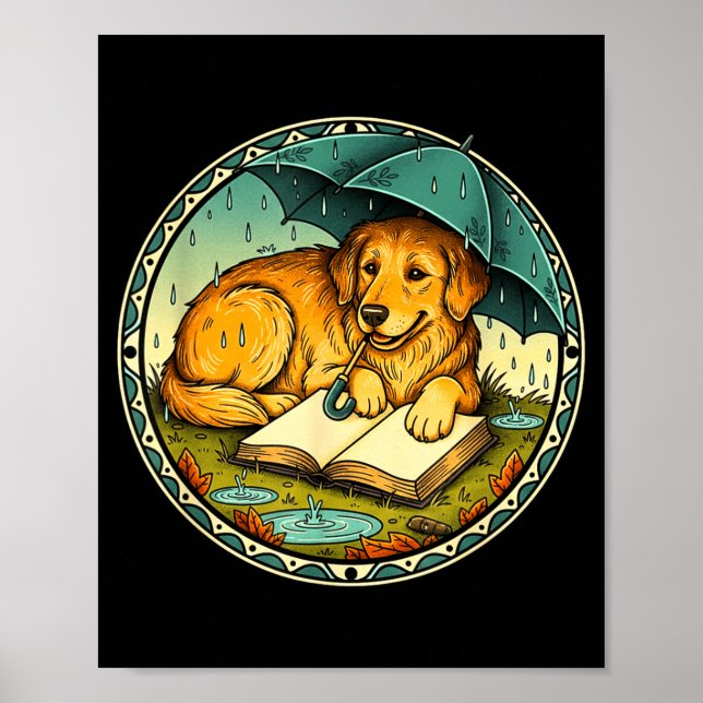 Poster Funny Dog Reading Book Rain Cozy Umbrella Cute Art (Frente)