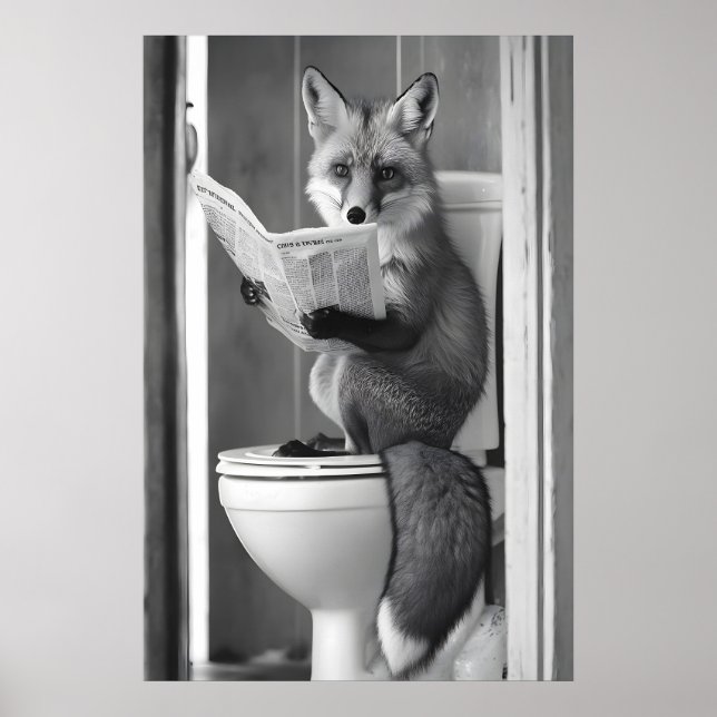 Poster Funny Fox Bathroom Print, Reading Newspaper (Frente)